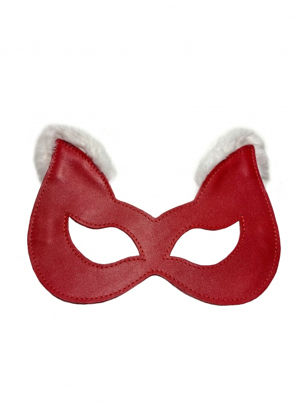 Маска-кошка с мехом БДСМ Арсенал из натуральной кожи, красный 20022ars - BDSM Арсенал - Открытые, с прорезями для глаз - Купить