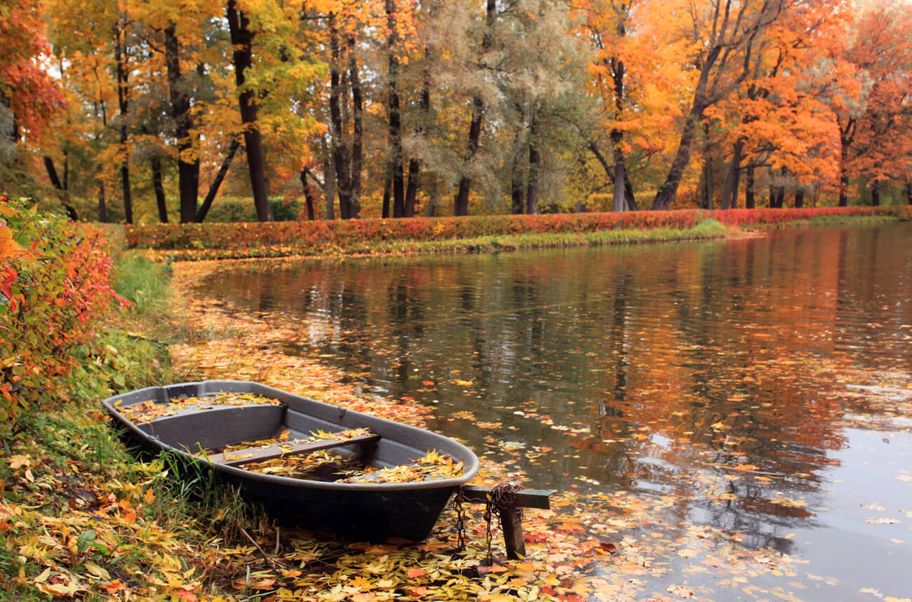 Осенний пруд с лодкой
