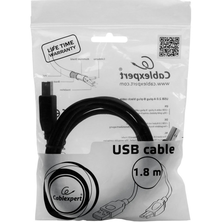 Кабель USB 2.0 USB A - USB B, Cablexpert, 1.8м
