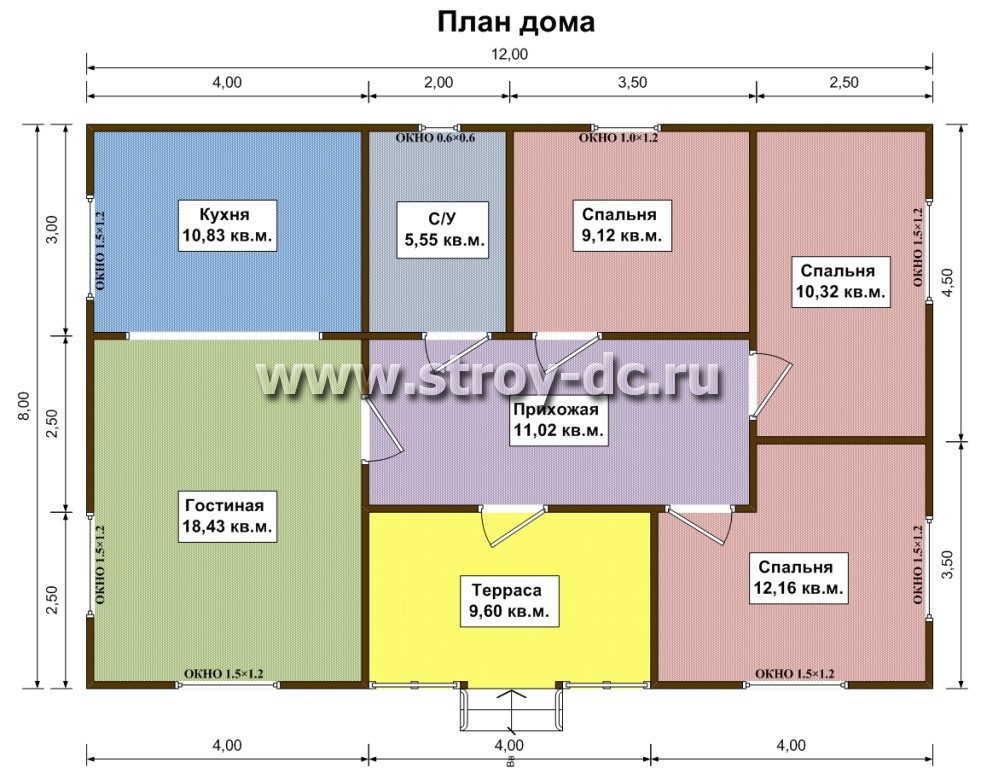 Проект дома 9х12 одноэтажный с 2 спальнями