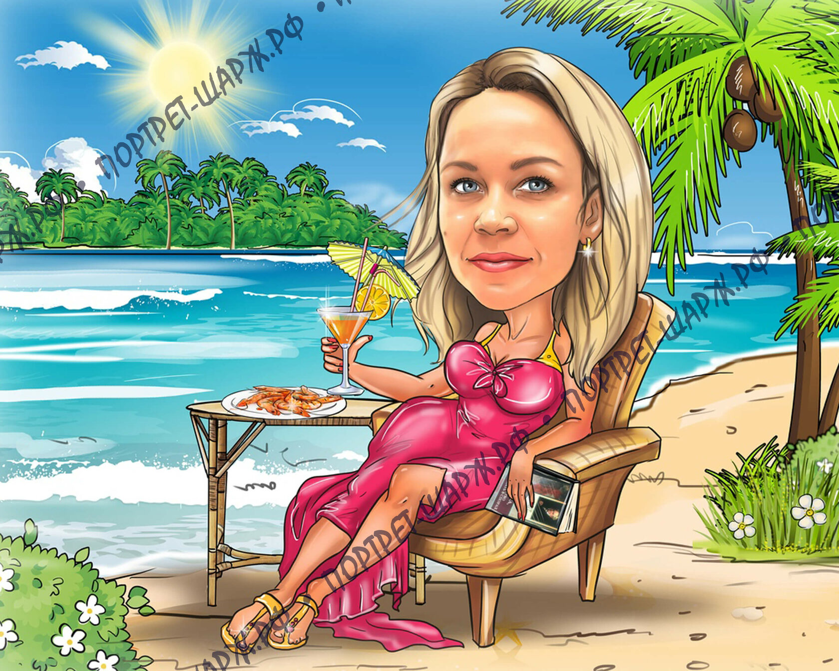 Карикатура девушка на пляже