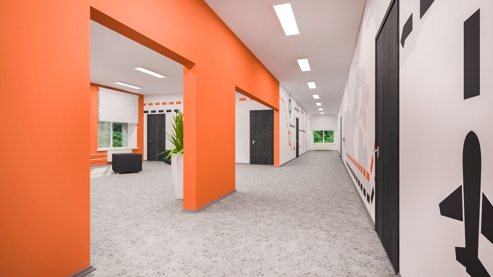Дизайн школы коридора оранжевый