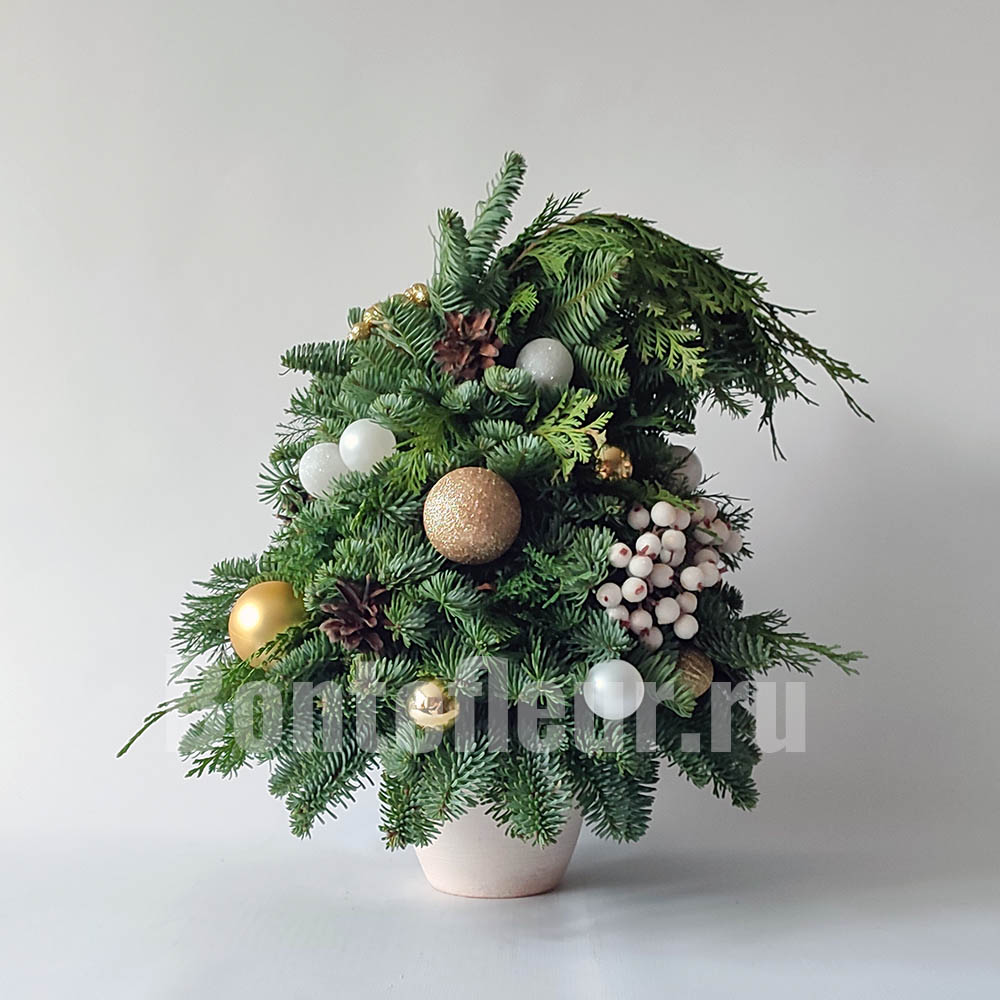 Ёлочка из нобилиса и туи загнутая бело-золотая мини