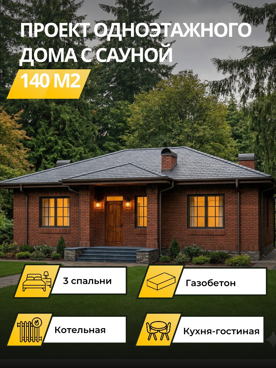 Проект дома 140 м2 / Газобетон / 1 этаж / 12,39×14,02 м / 43 листа / OPGD24