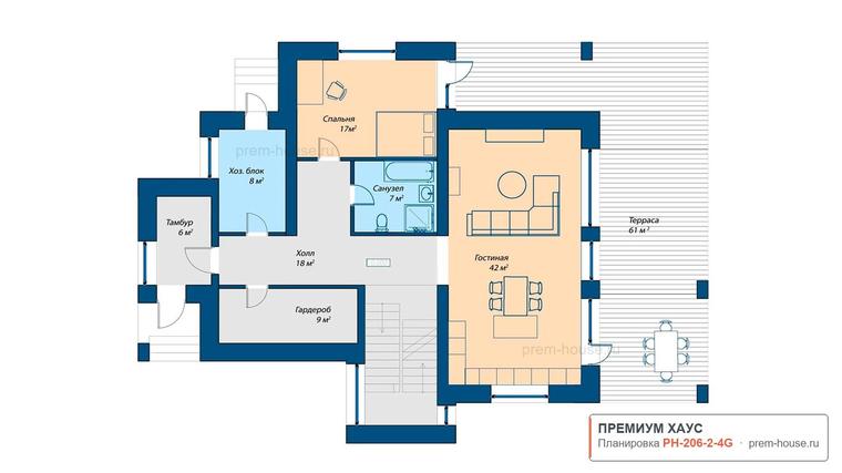 Планировка 1 этажа дома Дом в стиле Райт Васильево, 206 м² — Премиум Хаус