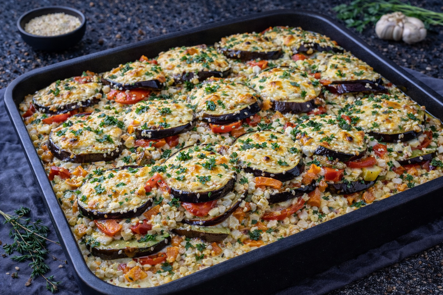 Запечённые овощи с ореховым соусом и творожным сыром