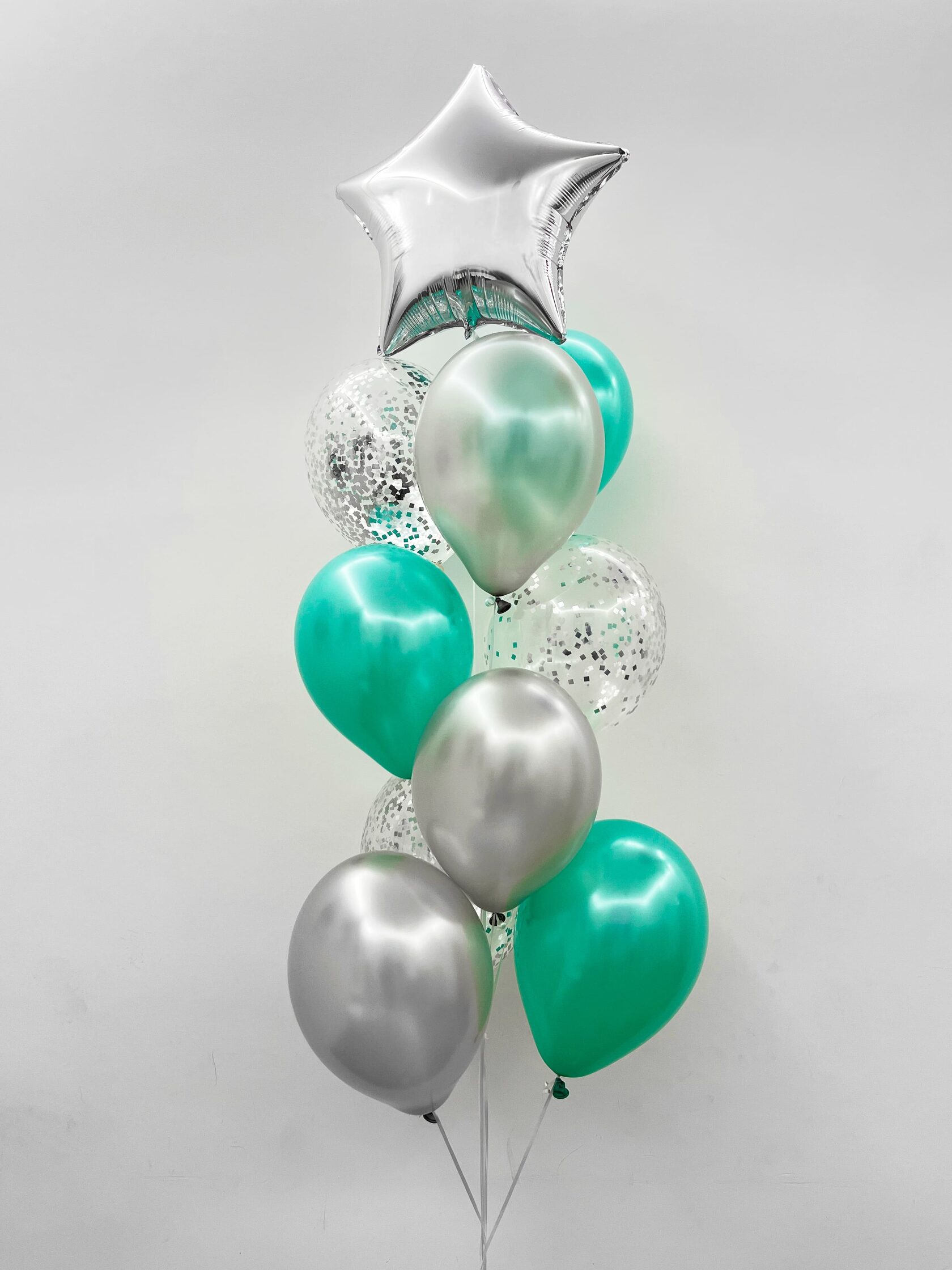фонтан из воздушных шаров с гелием футбол 5 шт Фонтан из шаров «Тиффани» - 10 шаров + шар Bubbles (сфера) - серебряное конфетти