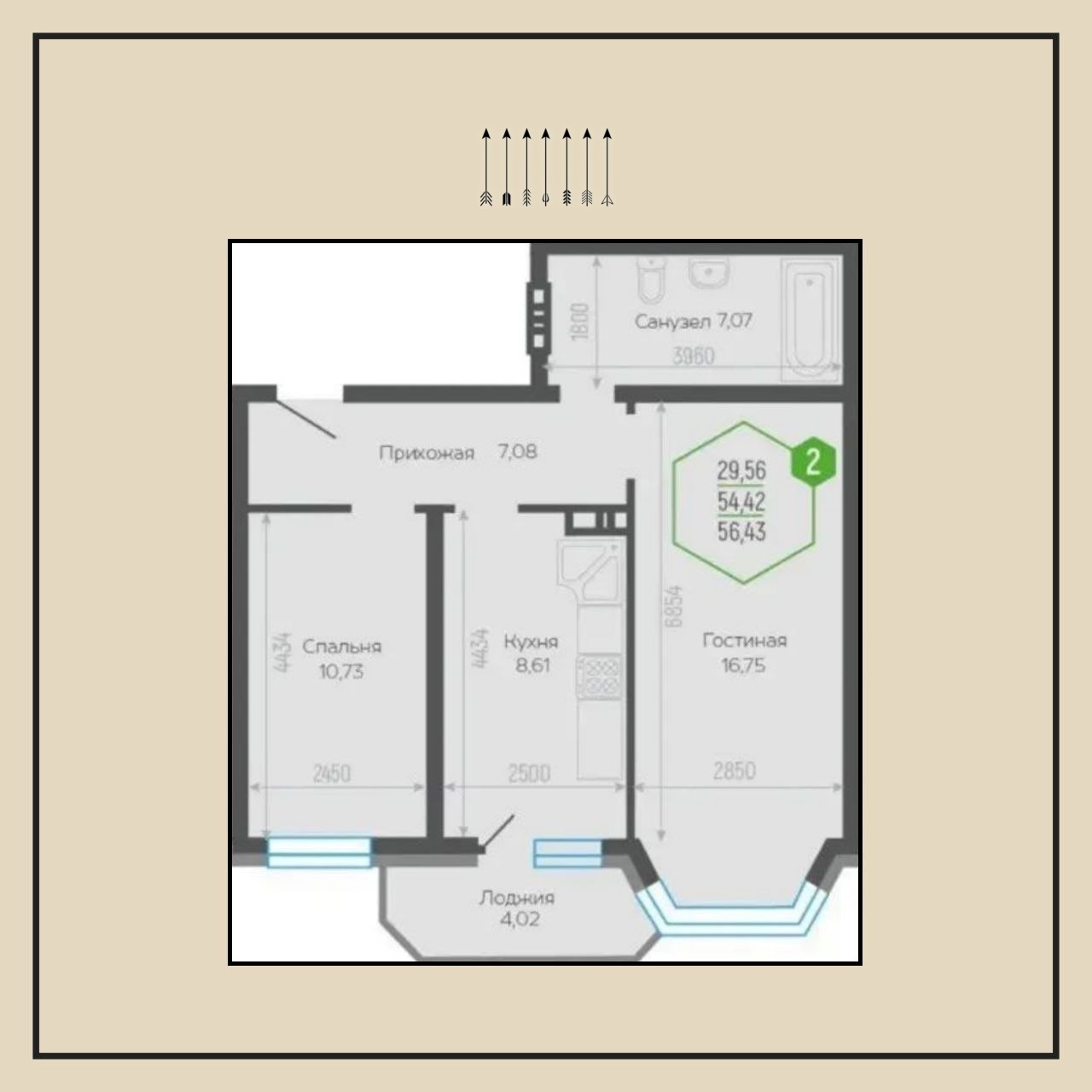 2-комнатная квартира, 54 м², ЖК Черкасский · Восточка