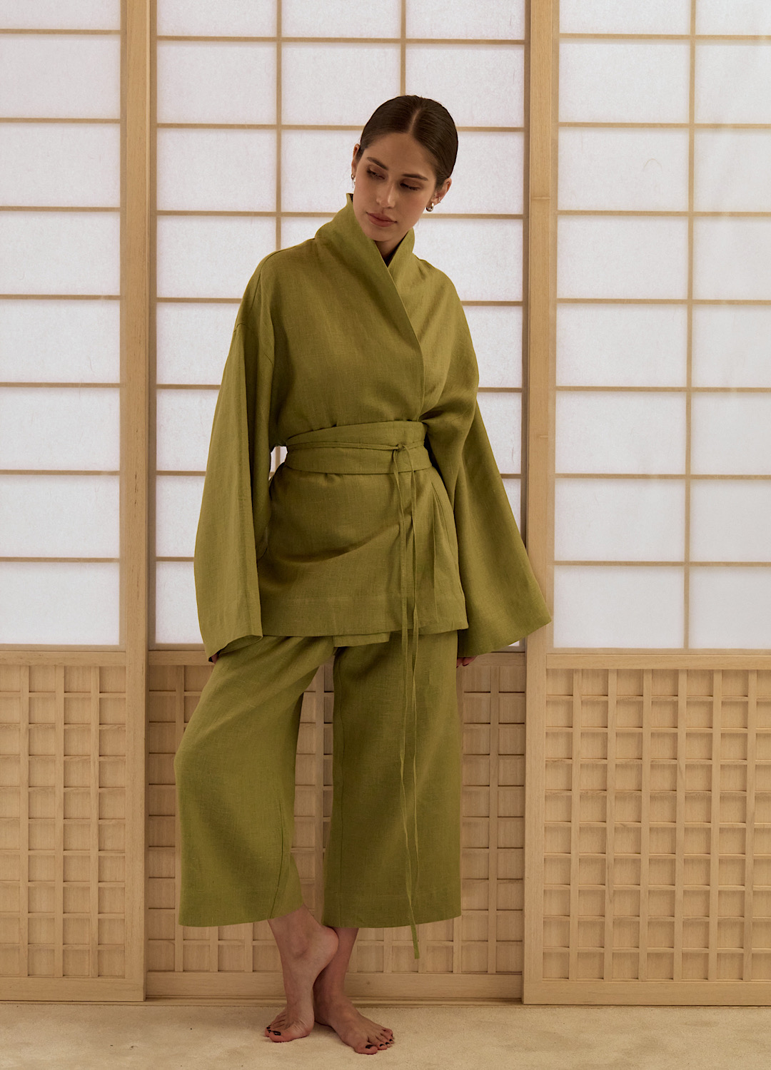 

Костюм Okinawa изо льна: кимоно с поясом + кюлоты - Зелёный, Olive;зелёный