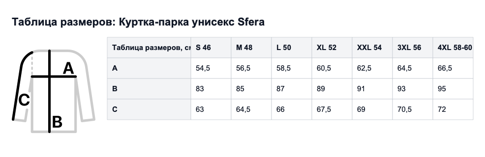 Таблица размеров