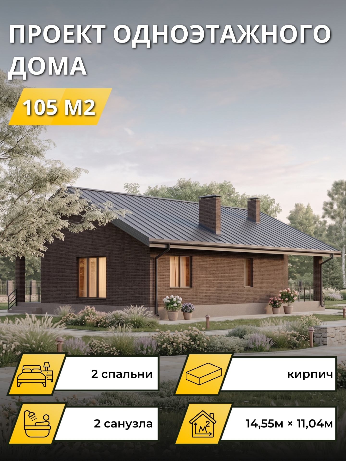 Проект дома 105 м2 / Газобетон / 1 этаж / 14,05×10,54 м / 27 листов / ОПГД124