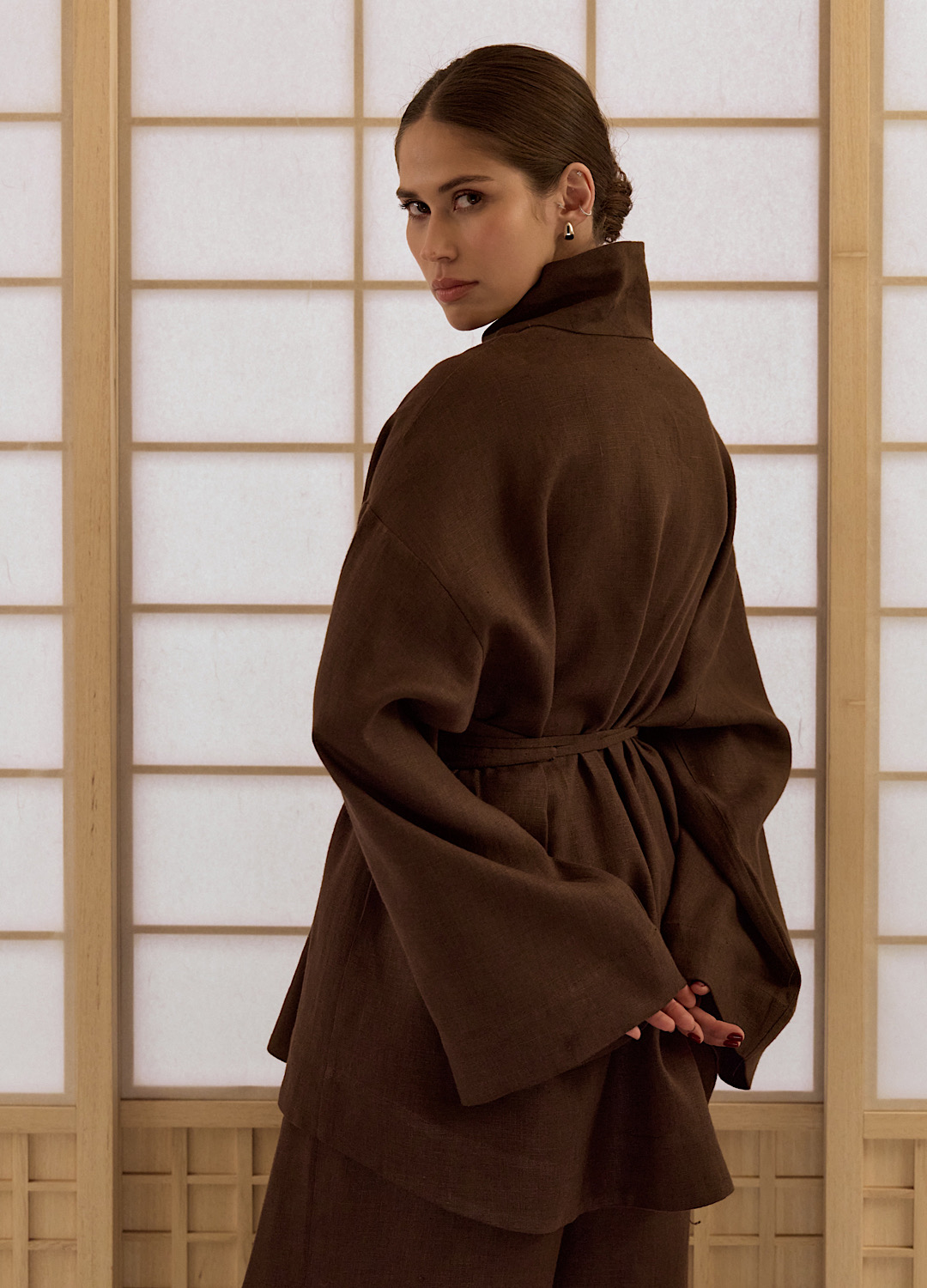 

Костюм Okinawa изо льна: кимоно с поясом + кюлоты - Коричневый, Brown;коричневый
