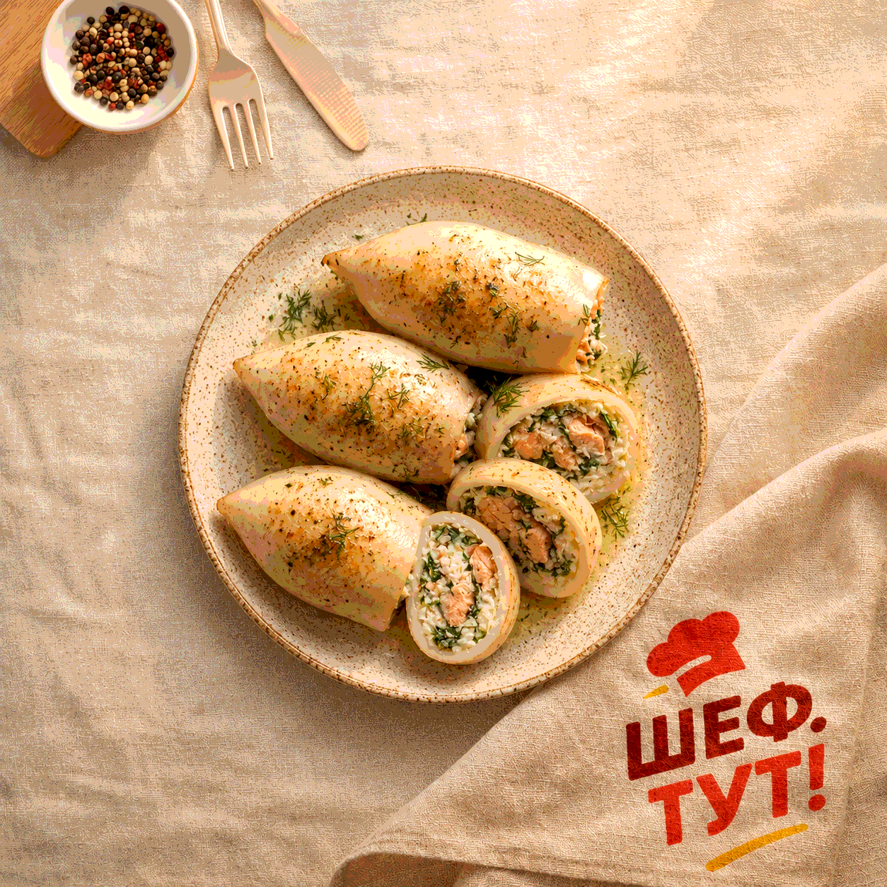 Кальмары фаршированные горбушей со шпинатом