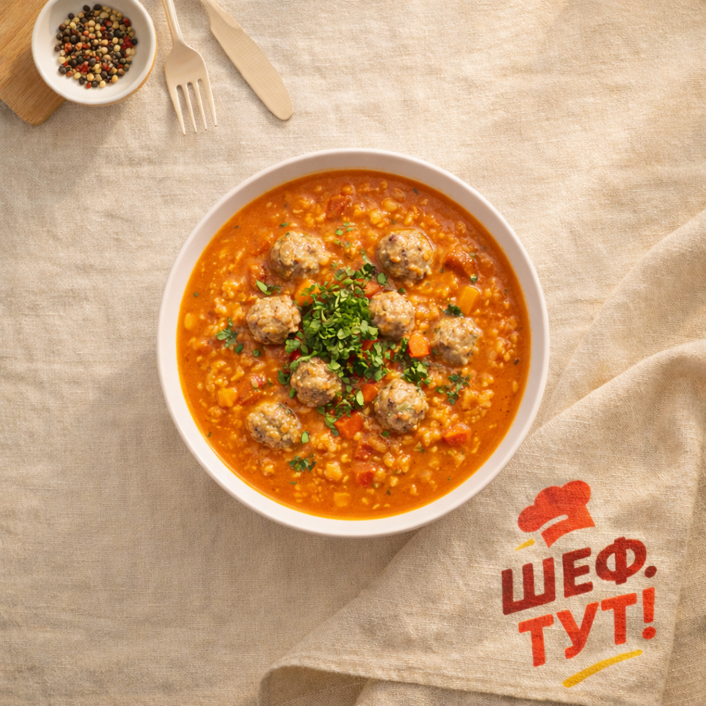 Овощной суп пюре с томатами, булгуром и фрикадельками