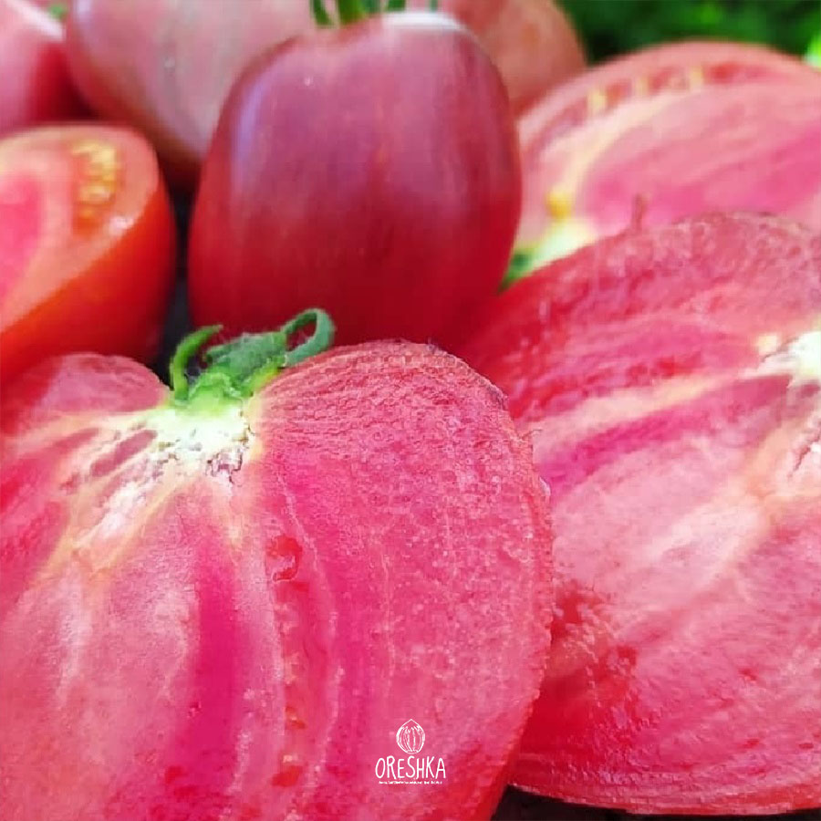 Crushed Heart tomato three-colour fruit raspberry pink gold stripes violet close up