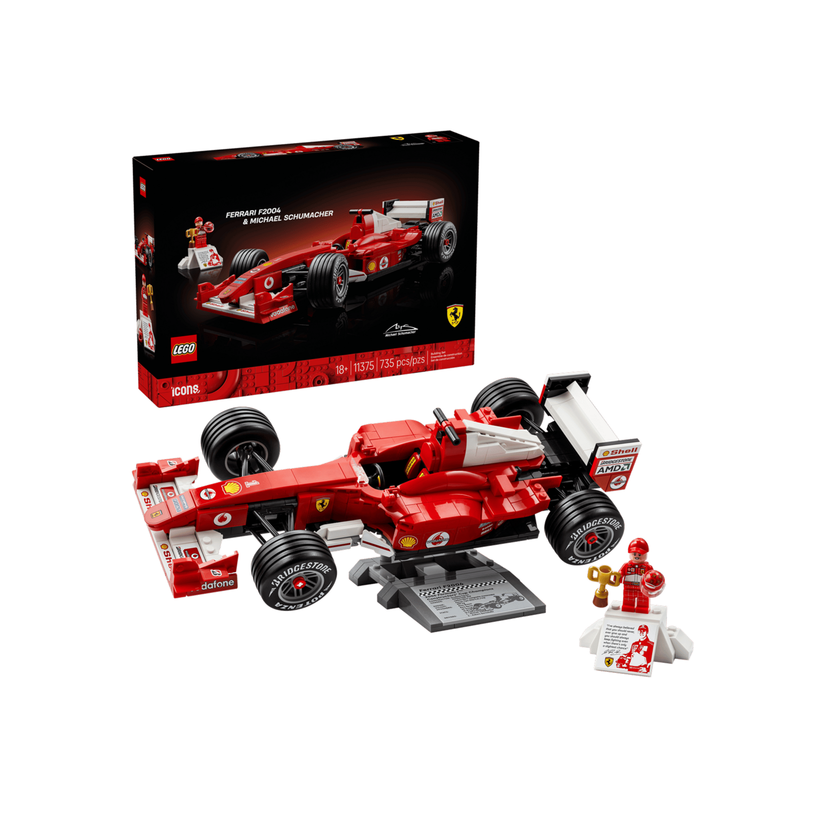 Набор LEGO Icons Ferrari F2004 & Michael Schumacher (11375): коробка, болид и минифигурка Шумахера
