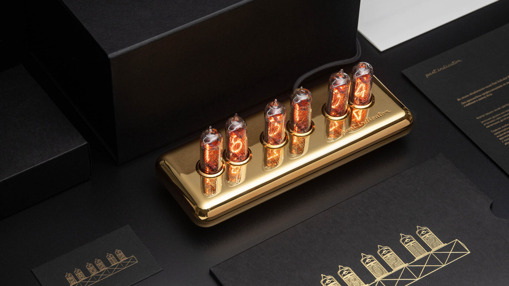 Deep Space 1 Gold nixie clock with branded presentation packaging