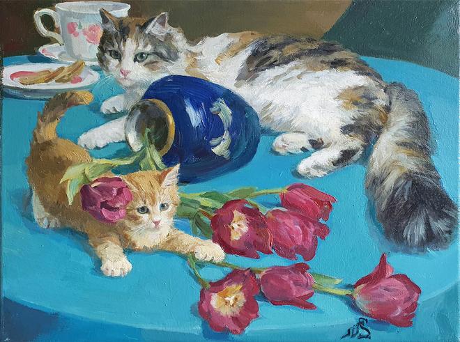 Картина «Коты и тюльпаны» - Новосадюк Святослав