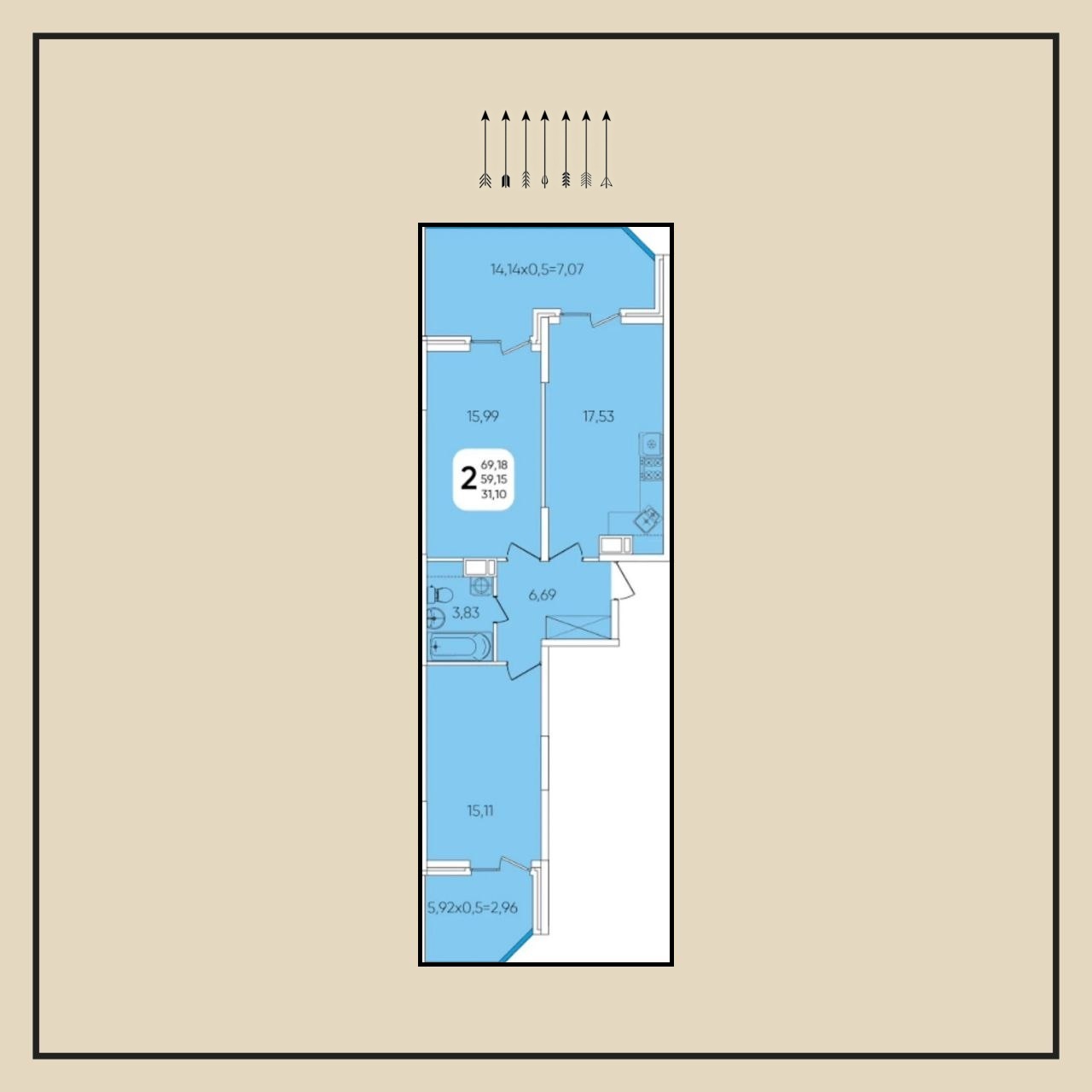 2-комнатная квартира, 70 м², ЖК Любимово · Восточка
