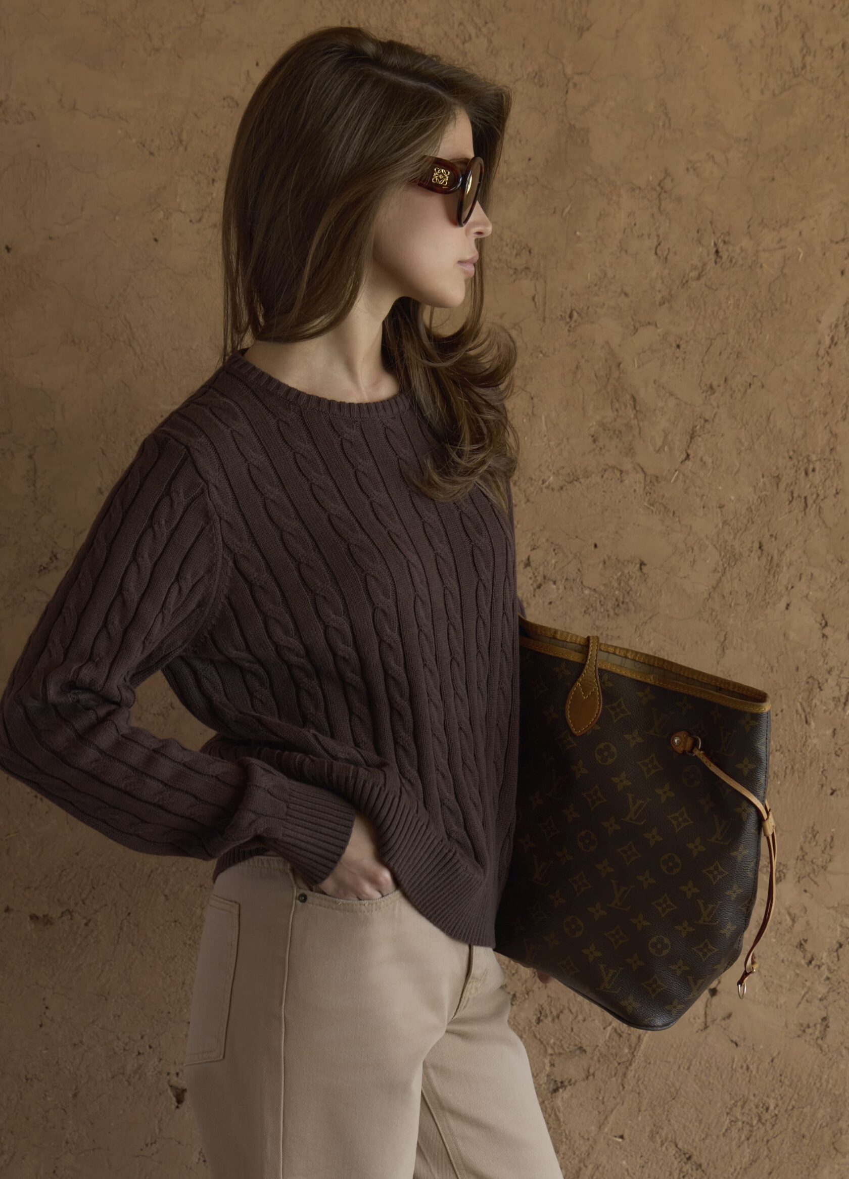 Джемпер с косами Timeless из мерсеризованного хлопка - Коричневый