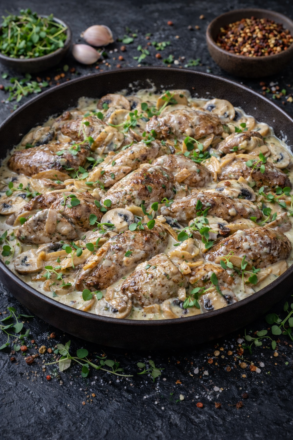 Печень куриная в сливочном соусе с луком и грибами