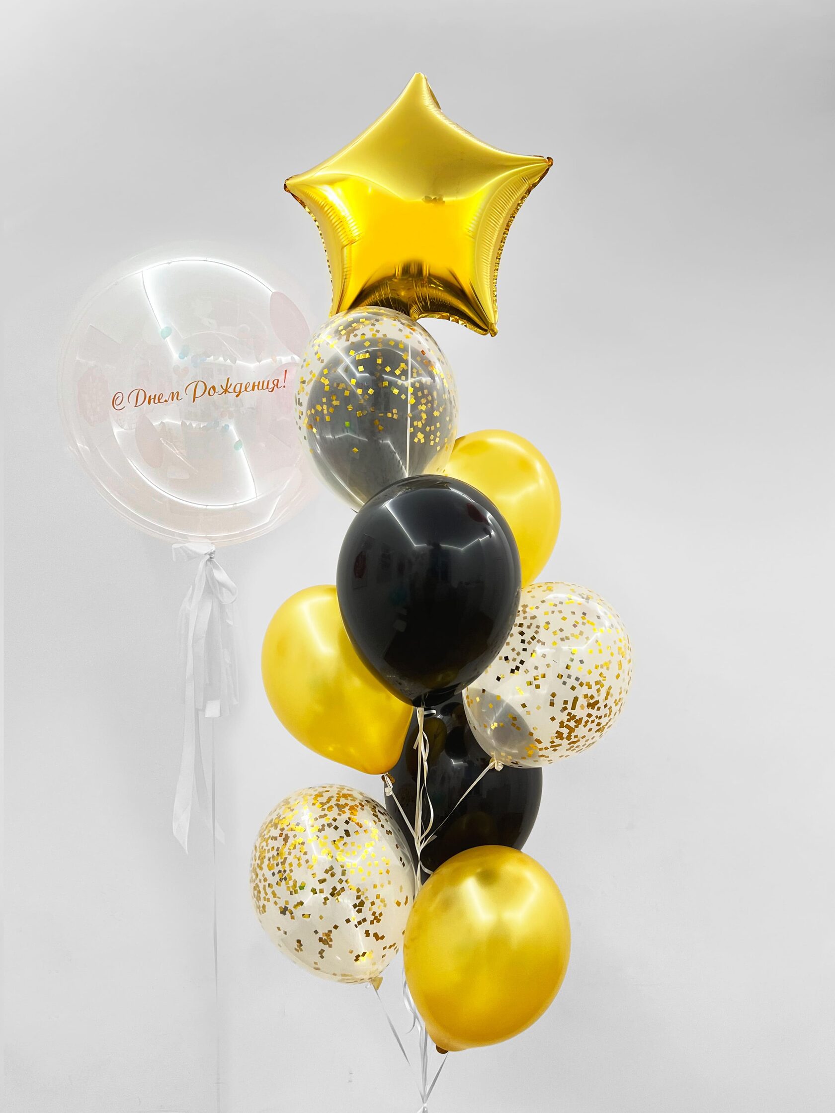 Фонтан из шаров «Золото» - 10 шаров + шар Bubbles (сфера) - золотое конфетти букет шаров белое конфетти 15 или 31 шар