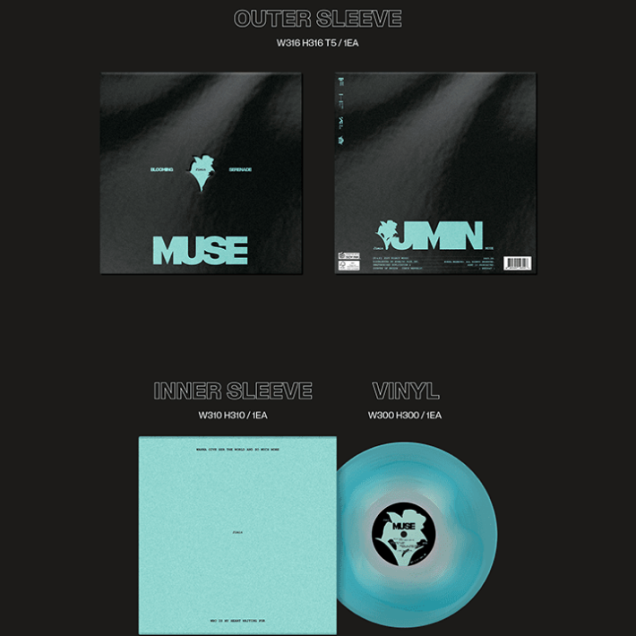 Jimin MUSE LP: конверт, внутренний конверт и бирюзовая виниловая пластинка