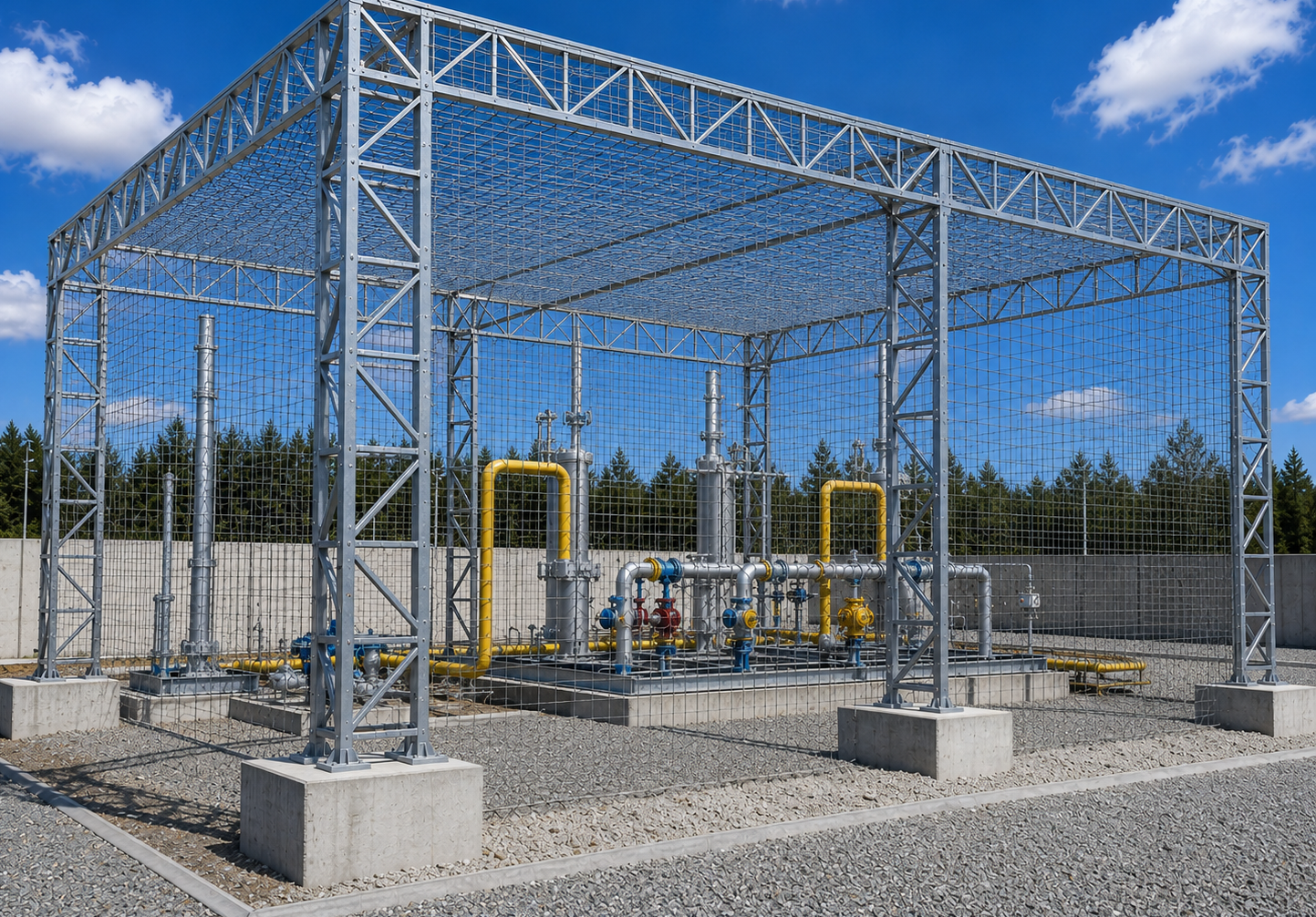 Визуализация защитного укрытия над узлом учёта газа: решётчатый каркас со сварной сеткой по кровле и стенам на отдельных бетонных фундаментах вокруг технологического оборудования