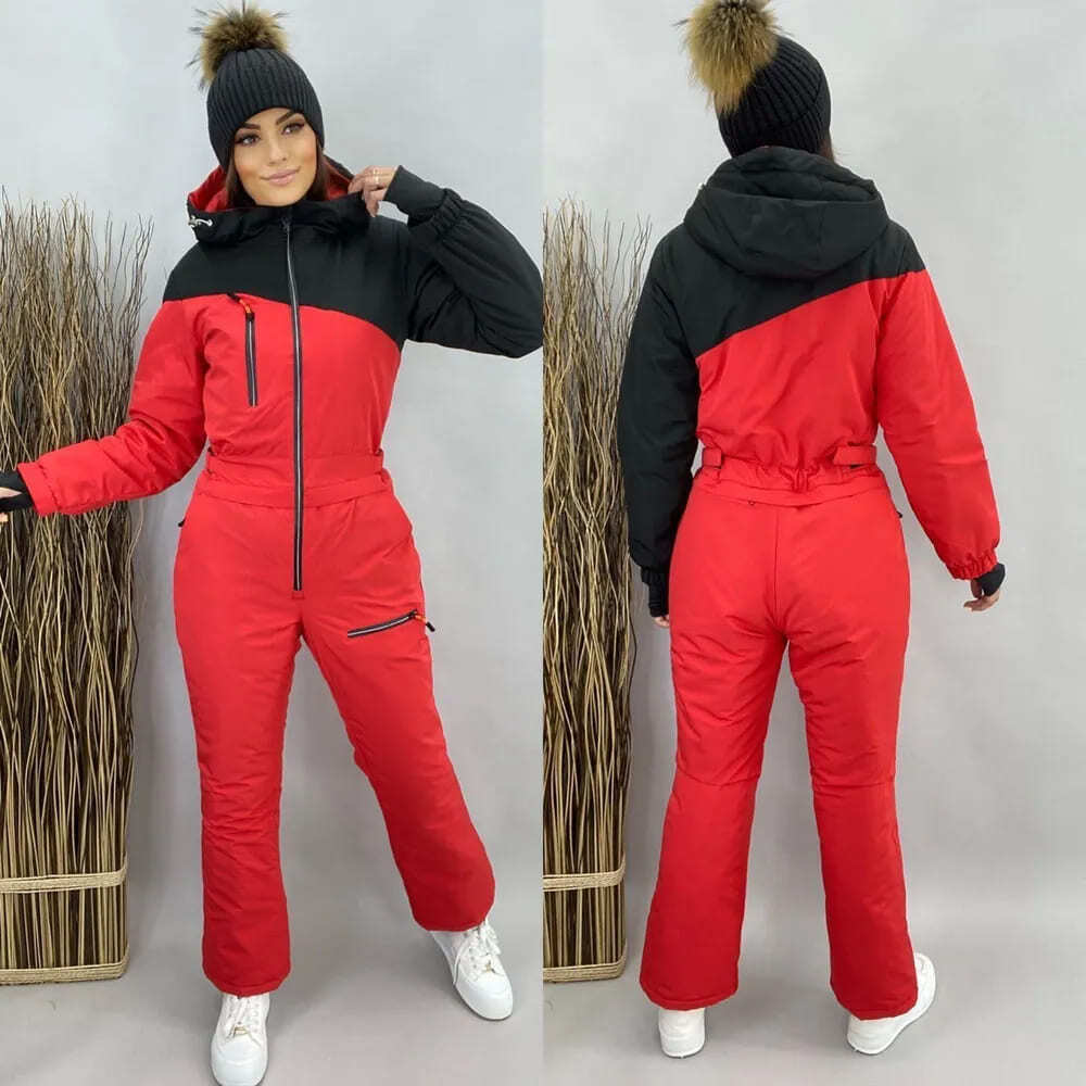 Теплый двуцветный зимний комбинезон черно-красного цвета