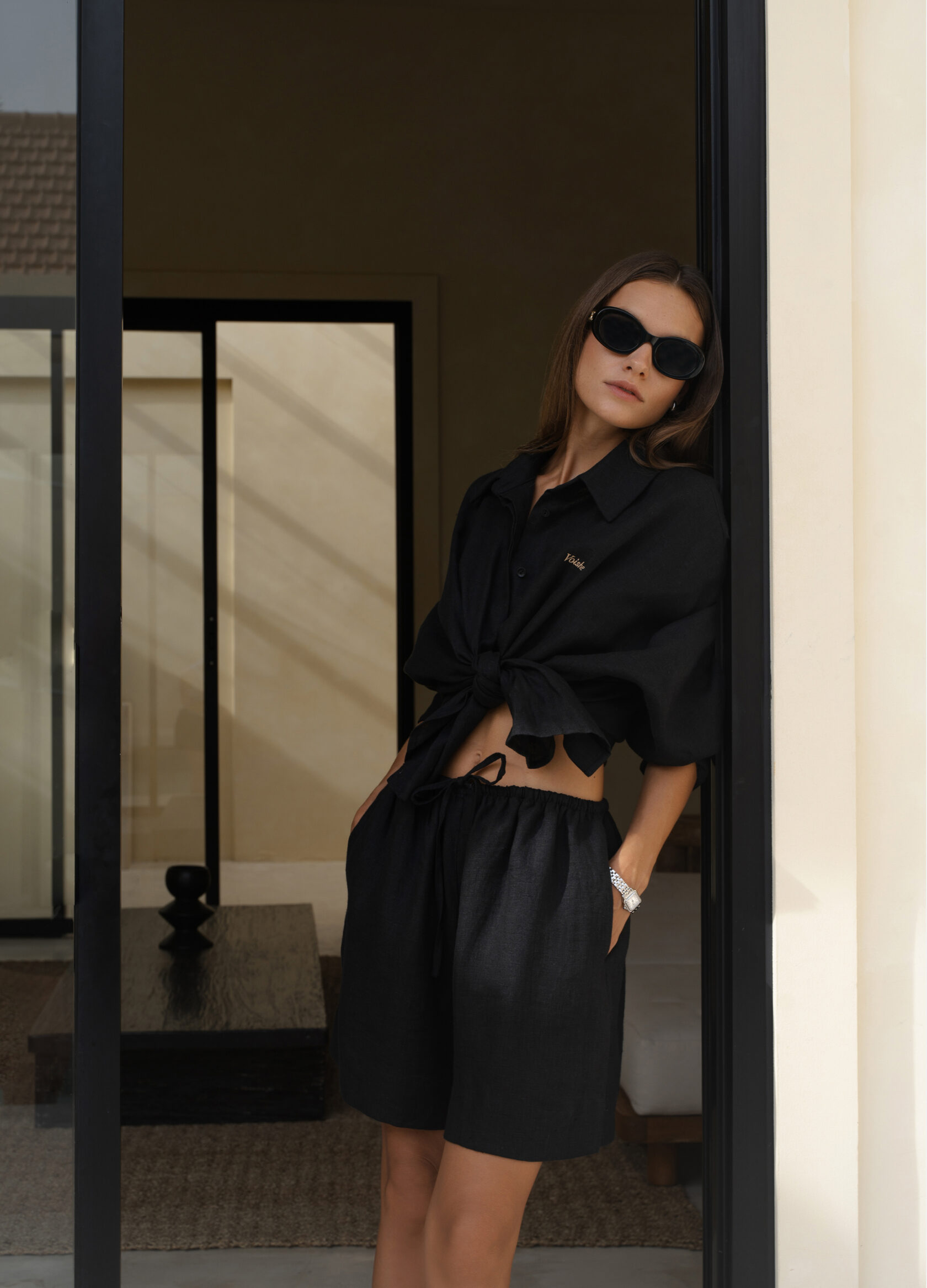 

Льняной костюм Ideal: рубашка + шорты - Чёрный, Black;чёрный
