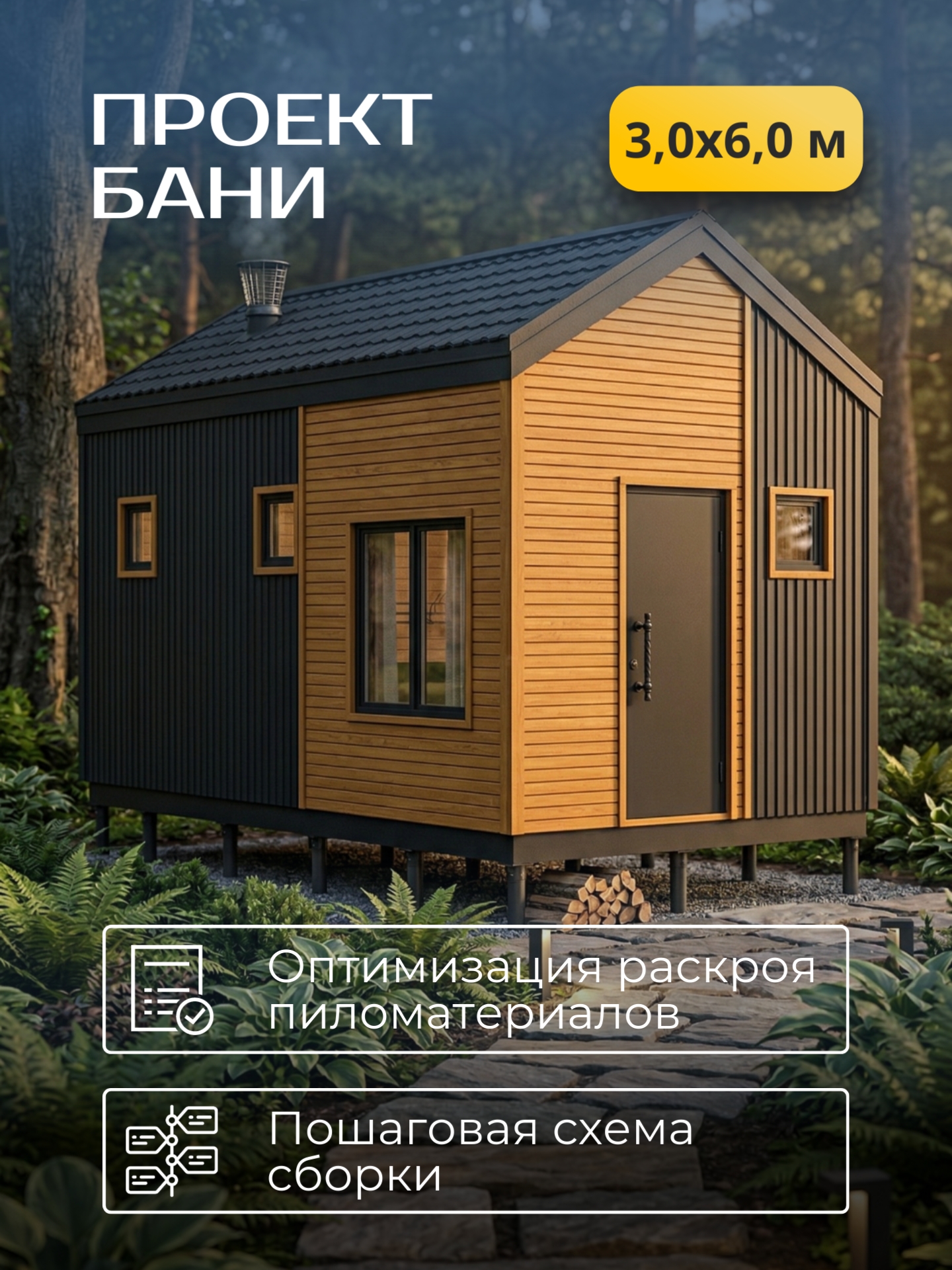 Проект бани 3х6м / Баня/ Каркас / 49 листов / HDBA17