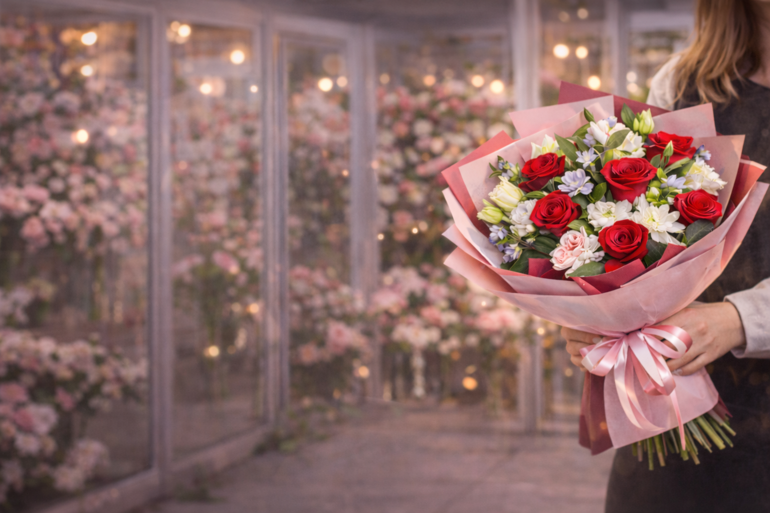 Букет цветов на фоне цветочного салона