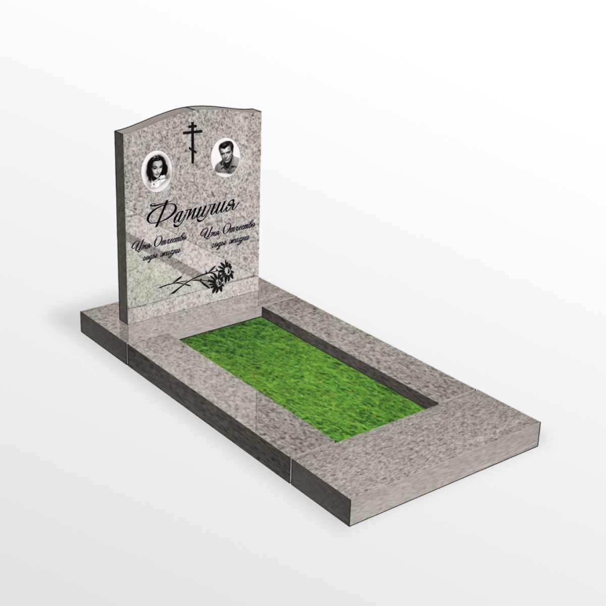Семейный памятник из серого гранита с установкой на блочное основание