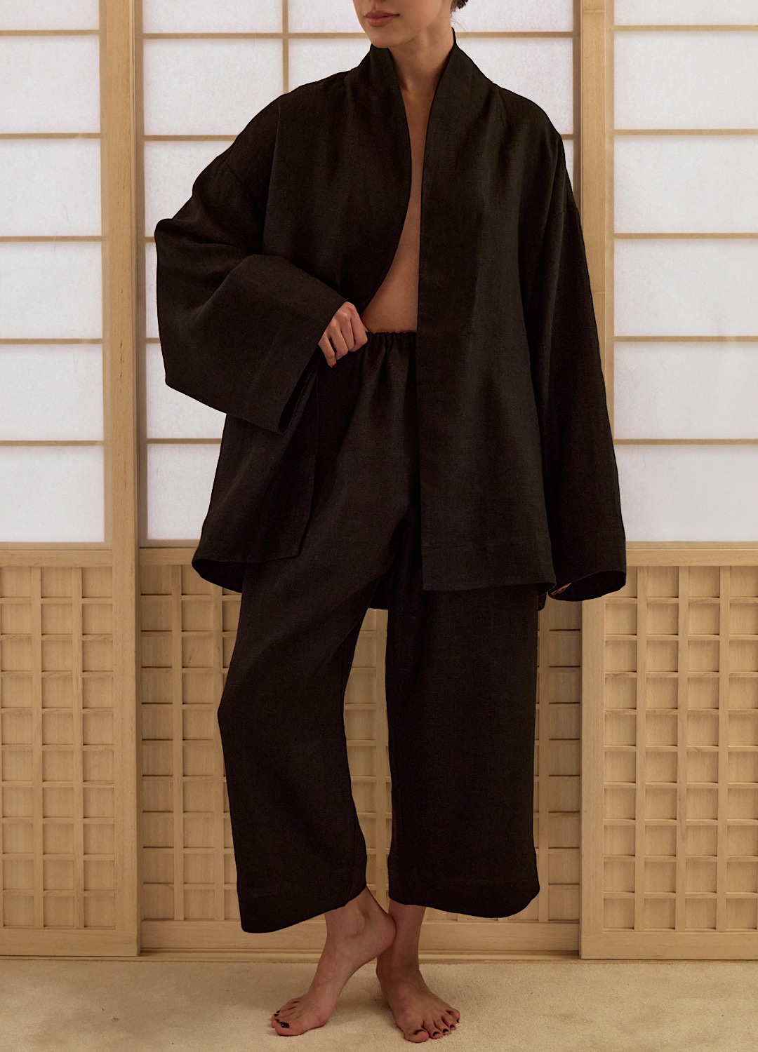 

Костюм Okinawa изо льна: кимоно с поясом + кюлоты - Чёрный, Black;чёрный