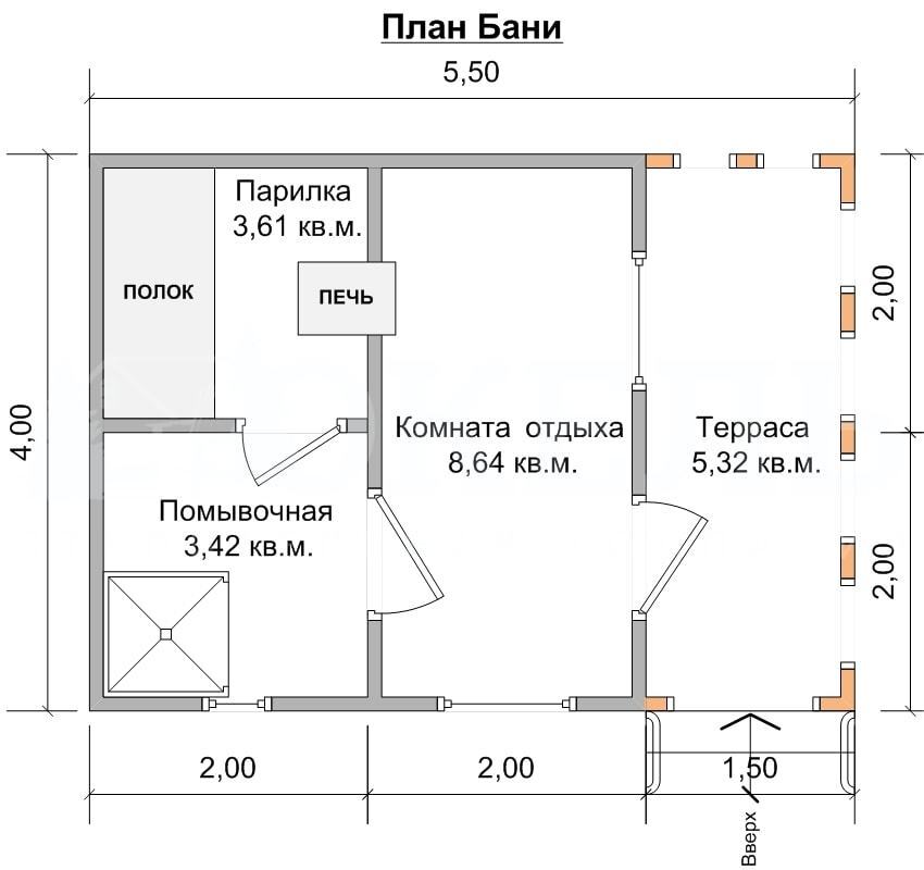 Проект бани 4 на 4 с комнатой отдыха