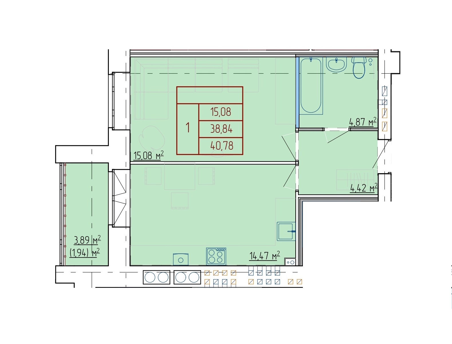 Планировка 1-комн. 4