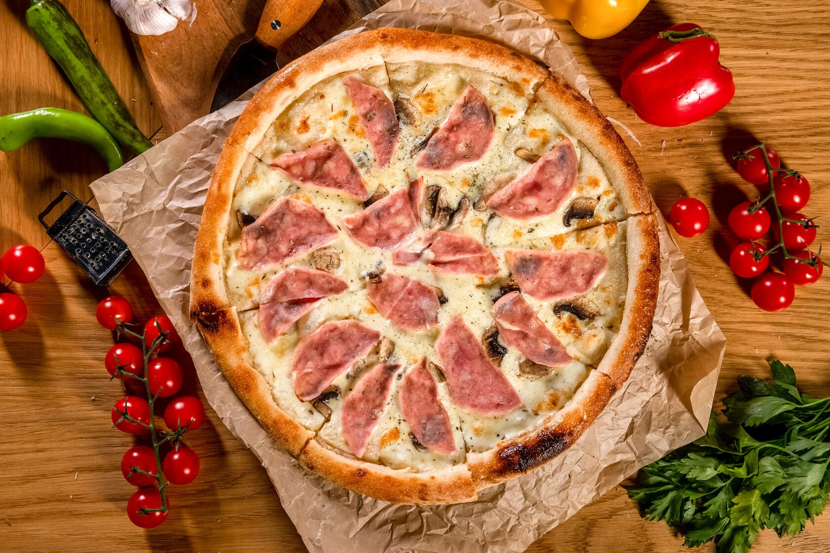 рецепт домашней пиццы с колбасой сыром помидором и шампиньонами фото 59