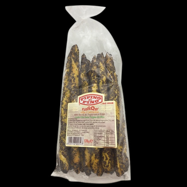 Гриссини с куркумой, маком и льняными семенами 170 г, Rusticone alla curcuma con semi di papavero e limo Prato 170 gr.