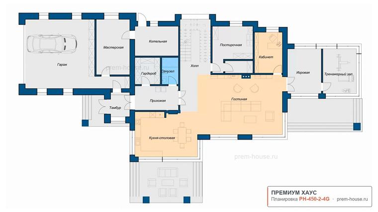 Планировка 1 этажа дома Премиум Хаус - Райт 2020, 450 м² — Премиум Хаус