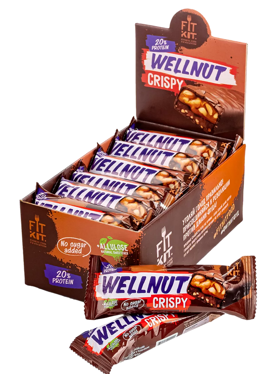 Батончики 45. FITKIT Wellnut 45 гр. Fit Kit Wellnut Crispy. Wellnut батончик протеиновый. Fit Kit Fitstick Crispy 45g.