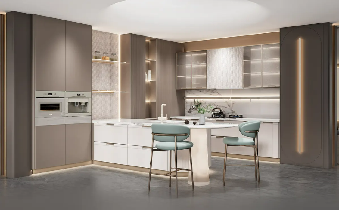 Modern and Elegant Moqi Series Kitchen Cabinets with Island Table