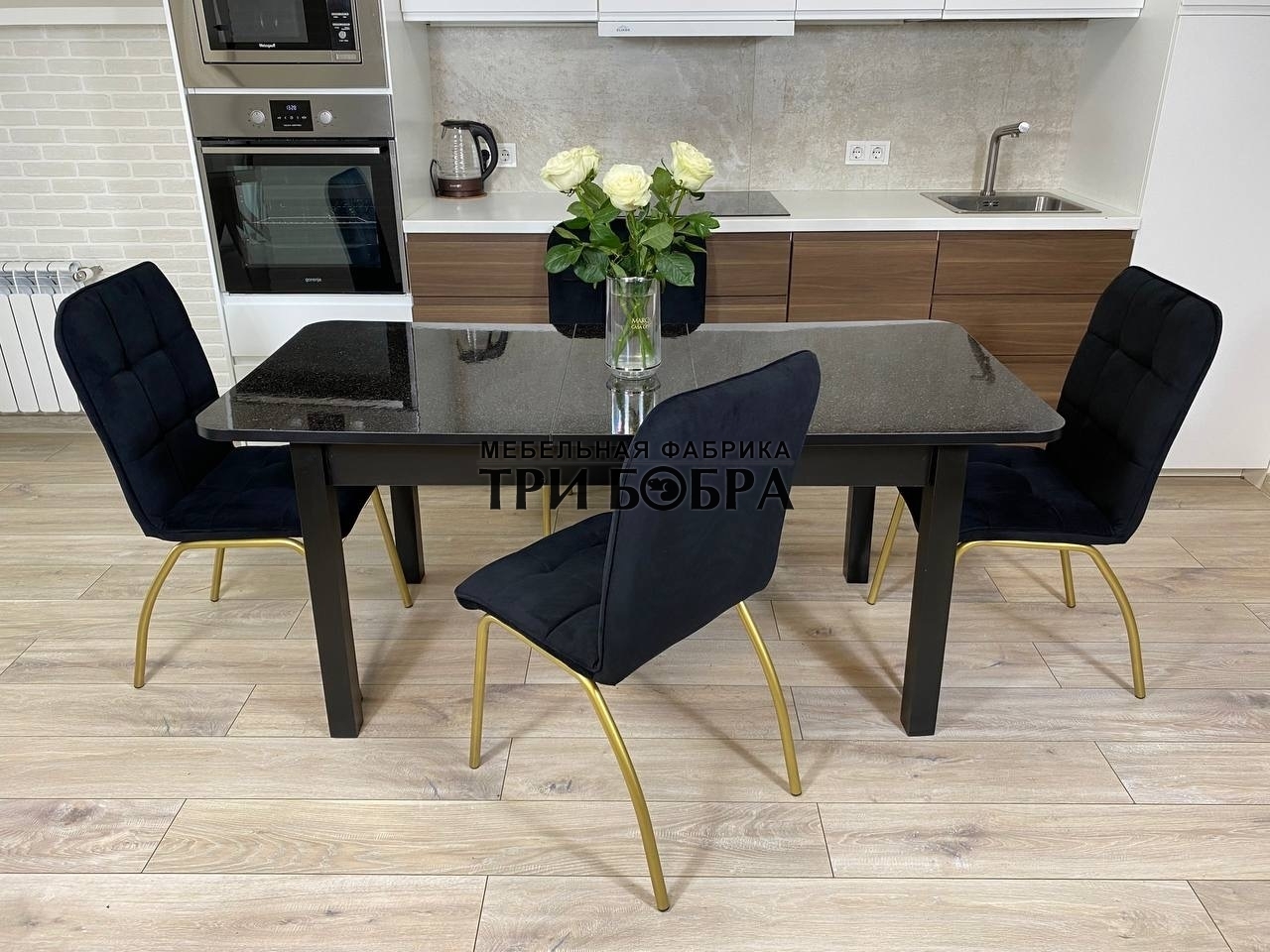 Большой раздвижной стол ЧЕРНАЯ БРОНЗА и стулья ЛОРД черные