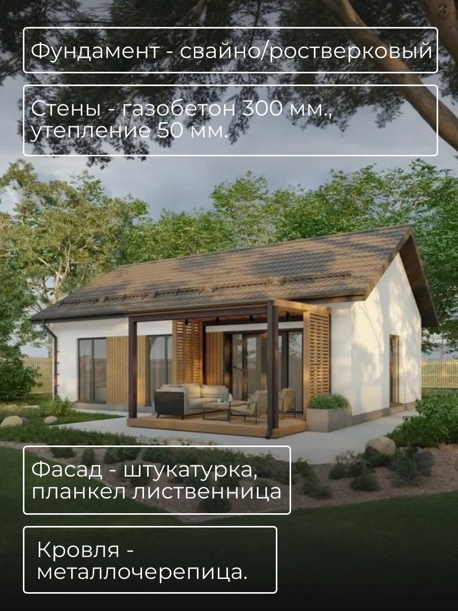 Проект дома 64 м2 / Газобетон / 1 этаж / — фото 5