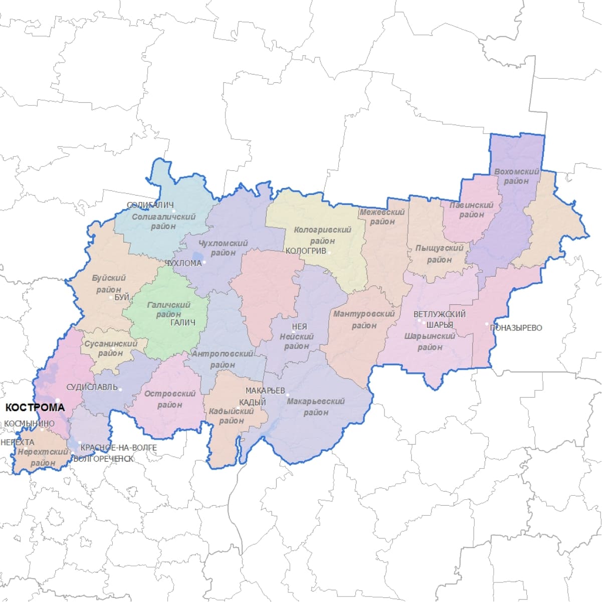 Кострома область. Карта Костромской области. Костромская обл по районам на карте. Карта Костромской области с районами. Карта Костромской области по районам.
