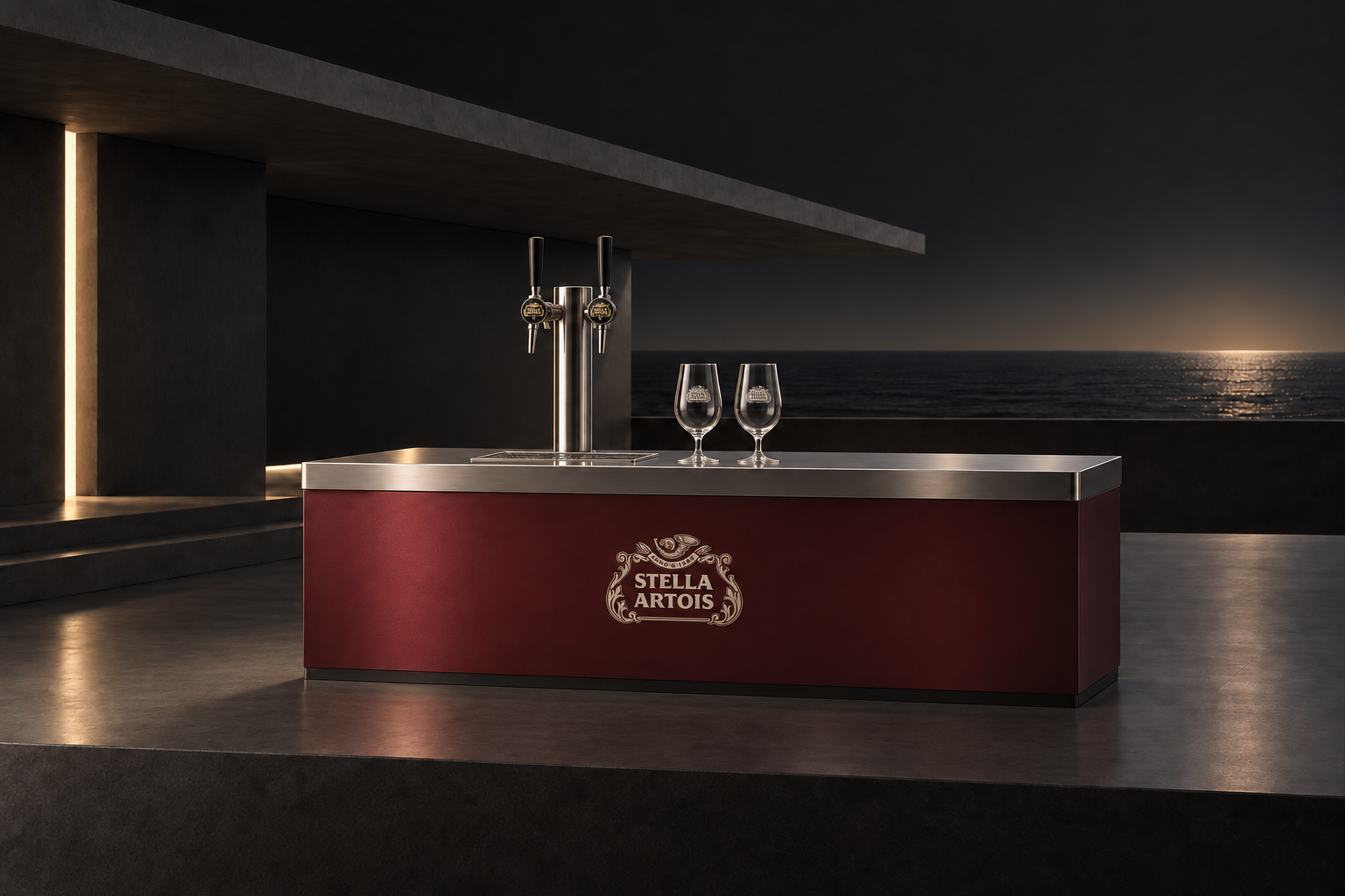 Барная стойка, разливная колонна и бокалы Stella Artois — концептуальный рендер Сочи