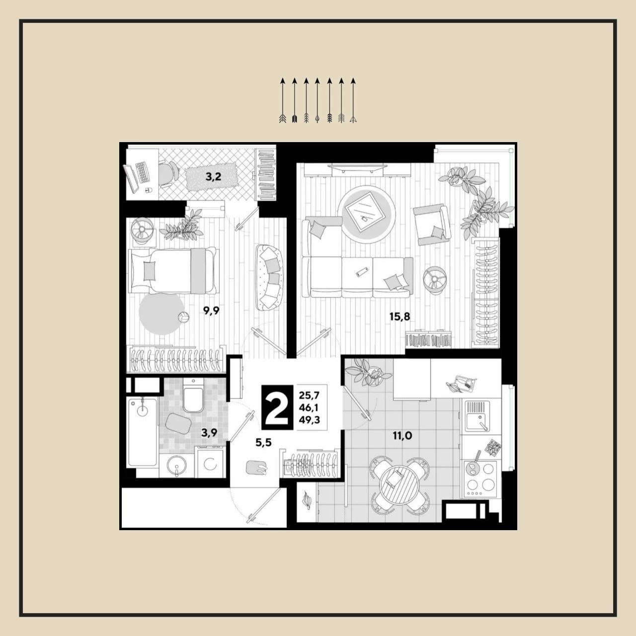2-комнатная квартира, 50 м², ЖК Самолет 3 · Западный Обход