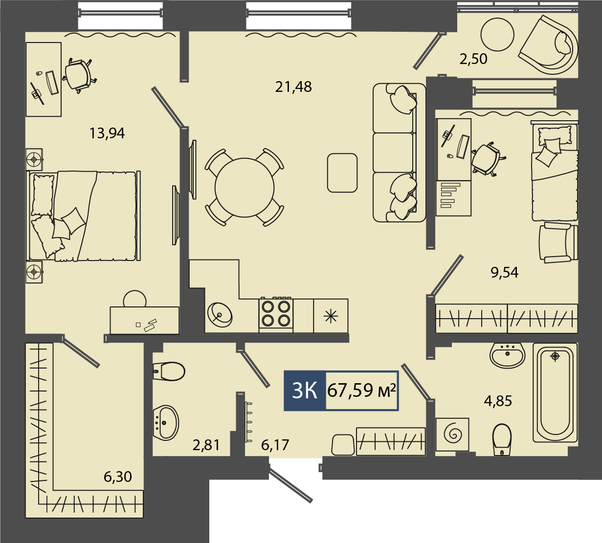 3-комнатная 67.59 м2