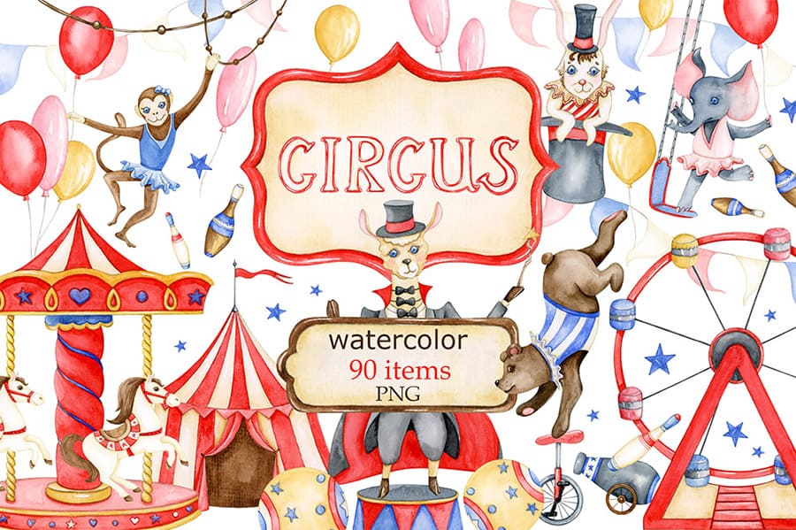 Watercolor Circus – PNG Clipart Bundle (90 PNGs)