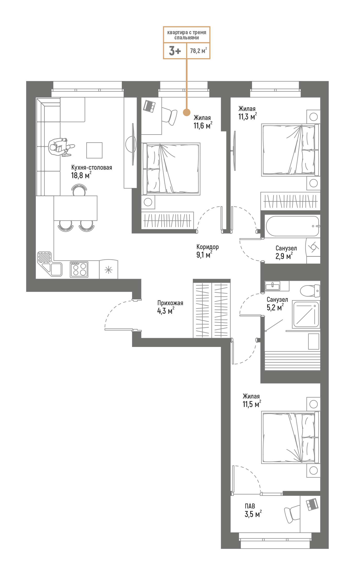 3+ комнатная квартира 78.2м²
