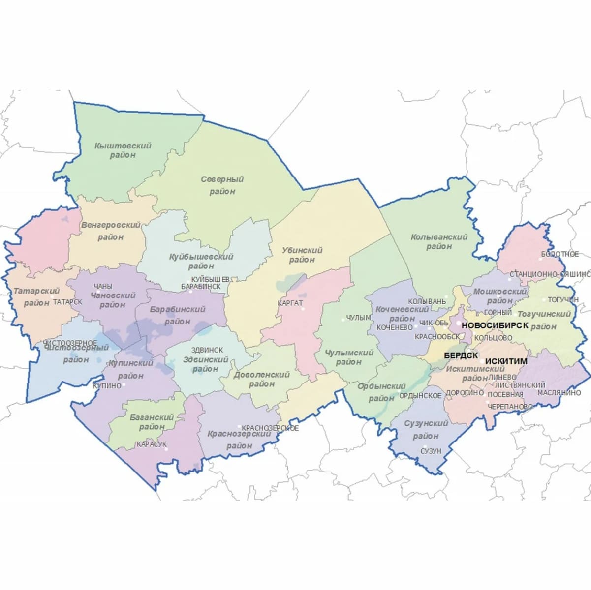Какие районы в новосибирской области. Карта Новосибирской области. Карта административного деления Новосибирской области. Новосибирск на карте Новосибирской области. Карта НСО Новосибирской области с населенными пунктами.